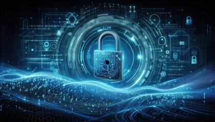 High-tech 3D illustration of a digital padlock, central in a futuristic blue background layered with flowing binary code and cybersecurity symbols