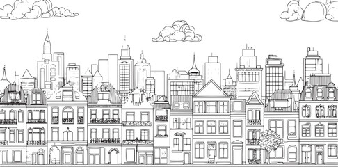 City landscape. Line urban backdrop. Skyline with clouds, different buildings on street, doodle street draw, outline cityscape hand sketch, flat houses. Hand drawn vector illustration