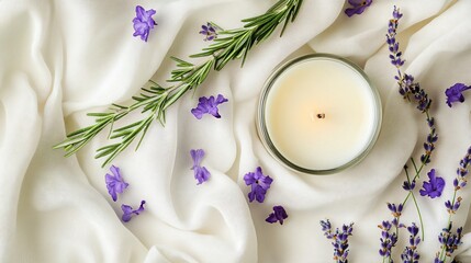 A flat lay with soft lavender petals scattered across a white cotton fabric, with a small sprig of rosemary and a lavender-scented candle for a calming scene