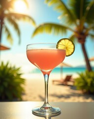 A refreshing Daiquiri with a lime garnish, served in an elegant glass by a tropical beach, bathed in warm sunlight and surrounded by palm trees.