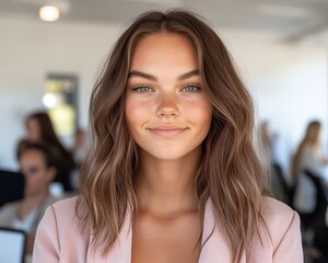 Soft Focus Portrait A young woman with long brown hair wearing a pink blazer gazes directly at the camera with a gentle smile Her face adorned with freckles is subtly illuminated
