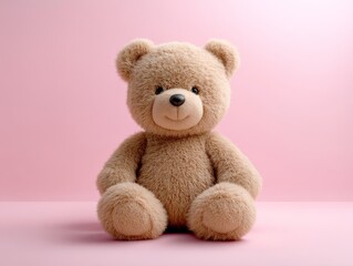 Obraz premium Smiling Teddy Bear on Pink Background A FrontFacing Perspective with Soft Lighting and Fuzzy Detail