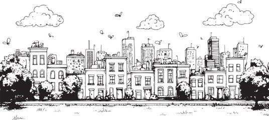 Obraz premium City landscape. Line urban backdrop. Skyline with clouds, different buildings on street, doodle street draw, outline cityscape hand sketch, flat houses. Hand drawn vector illustration