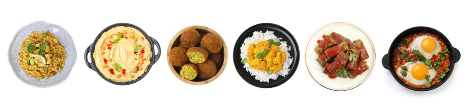 Hummus, shakshuka, falafel balls, pilaf, sarma and rice with curry on white background, top view. Collection with dishes of different national traditional cuisines