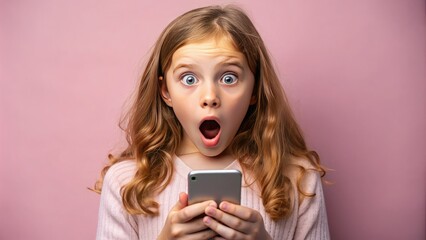 Fototapeta premium Young girl's eyes widen in shock as she gazes at her phone, her face pale with surprise and concern, reacting to unexpected news on her screen.