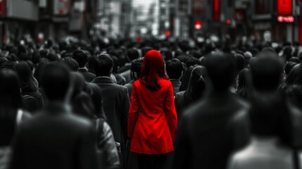 Young, distinctly red coat girl in the middle of a big, blique, colorless, black and white crowd of people