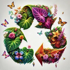 Vibrant Recycle Symbol of Lush Leaves and Flowers &ndash; Perfect for Eco-Friendly Designs and Environmental Campaigns