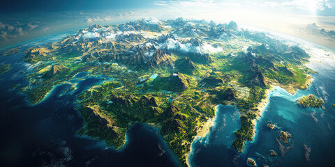 Fototapeta premium Lush green islands and deep blue oceans are interspersed with fluffy white clouds in this breathtaking view of earth from space. World tourism day