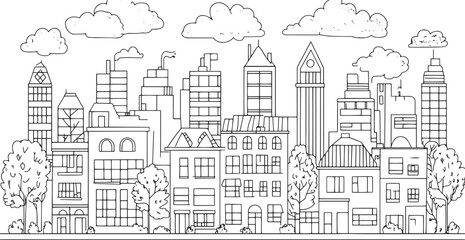Fototapeta premium City landscape. Line urban backdrop. Skyline with clouds, different buildings on street, doodle street draw, outline cityscape hand sketch, flat houses. Hand drawn vector illustration