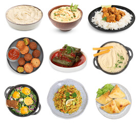 Hummus and other dishes of different national traditional cuisines on white background. Collection