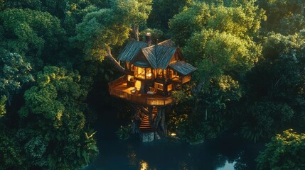 Aerial perspective of a beautifully crafted treehouse hidden within a vibrant, dense forest, exuding tranquility.