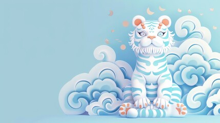 Cute White Tiger with Blue Stripes on a Blue Cloudy Background.