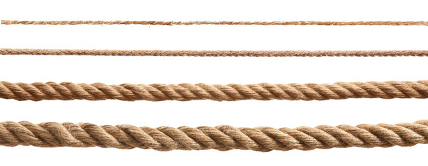 Ropes of different thickness isolated on white, set