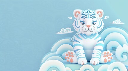 Cute White Tiger Sitting on Clouds.