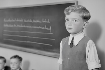 Black-and-white of a young boy standing in a vintage classroom, dressed in classic attire, with a chalkboard in the background