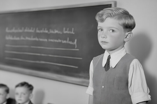 Black-and-white of a young boy standing in a vintage classroom, dressed in classic attire, with a chalkboard in the background