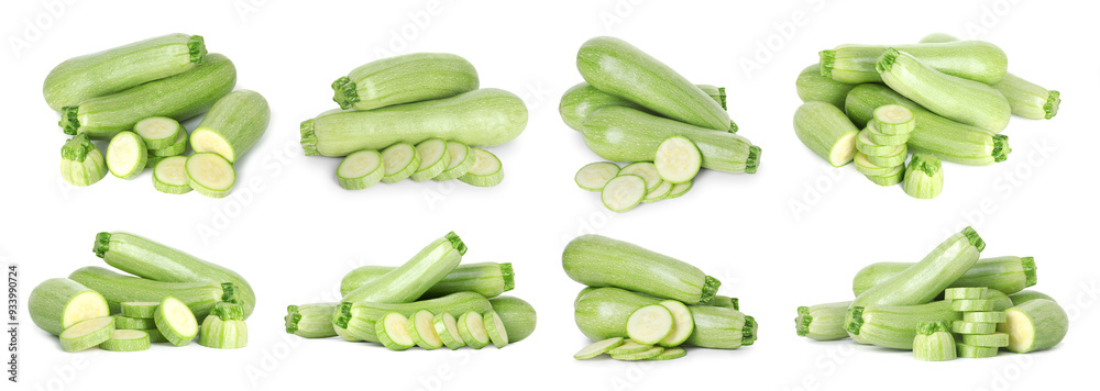 Wall mural Fresh ripe zucchini isolated on white, collage