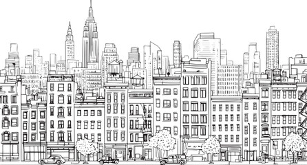 City landscape. Line urban backdrop. Skyline with clouds, different buildings on street, doodle street draw, outline cityscape hand sketch, flat houses. Hand drawn vector illustration