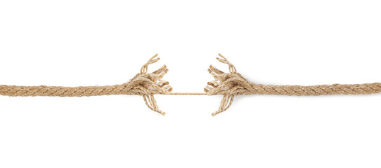 One string connecting almost torn rope isolated on white