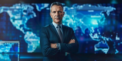 Confident Businessman in Front of a World Map