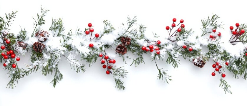 A horizontal festive winter garland with pine branches, berries, and snow on a white background.