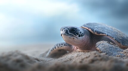 Obraz premium A majestic turtle rests on the sandy beach, surrounded by serene ocean waves and a cloudy sky, embodying nature's tranquility.