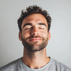 Obraz premium Serene Man Embracing Inner Peace with Closed Eyes and Gentle Smile, Expressing Relaxation and Contentment in Comfortable Attire
