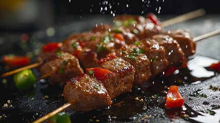 Grilled meat skewers with colorful vegetables on a dark background