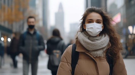 Obraz premium A woman wearing a mask and winter clothing stands in a bustling urban street, promoting safety and community in everyday life.