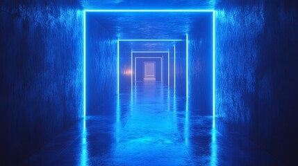 Fototapeta premium Neon-lit corridor with glowing blue lights in a modern setting