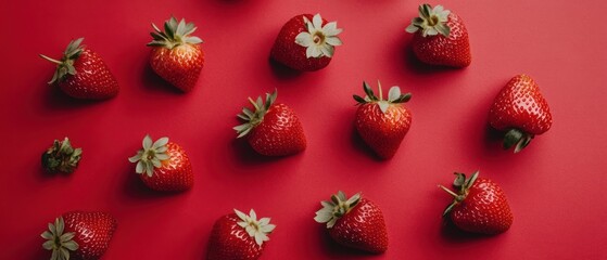 Fresh Red Strawberries Scattered on a Crimson Surface
