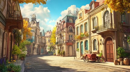 Fototapeta premium A Quaint European Street with Classic Architecture and a Vintage Carriage