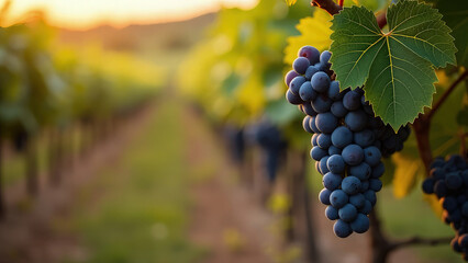 Fototapeta premium Realistic photograph of a fruit farm with rows of grapevines, a close-up of a branch laden with ripe grapes, set against a blurred background of the orchard during golden hour