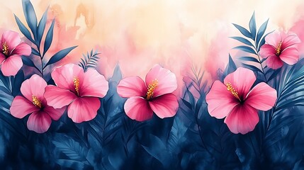 Obraz premium A row of pink hibiscus flowers with blue leaves against a soft sunset background.