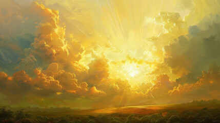A painting of a field with a sun shining through the clouds