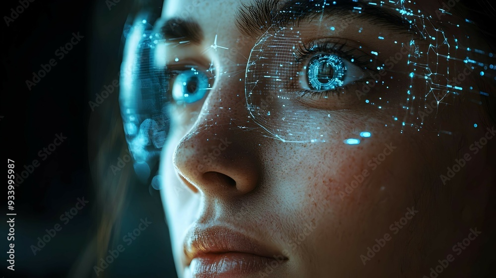 Wall mural woman with blue digital overlay eye, futuristic technology concept