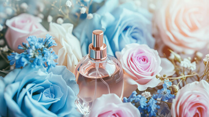 Perfume bottle in flowers, fragrance on blooming background, floral scent and cosmetic product idea