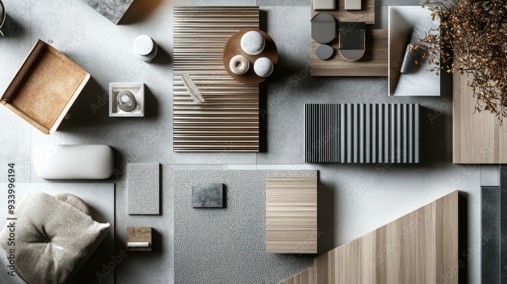 Poster top-down view of minimalist interior design with various materials and textures