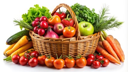 Freshly arranged colorful fruits and vegetables, including apples, carrots, and tomatoes, overflow from a wicker basket on a crisp white background.