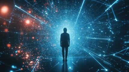 Silhouette of a Person Standing in a Glowing Blue Digital Tunnel