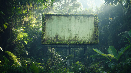 Nature's Canvas: Moss-Covered Billboard in Lush Rainforest Setting for Environmental Awareness Campaign
