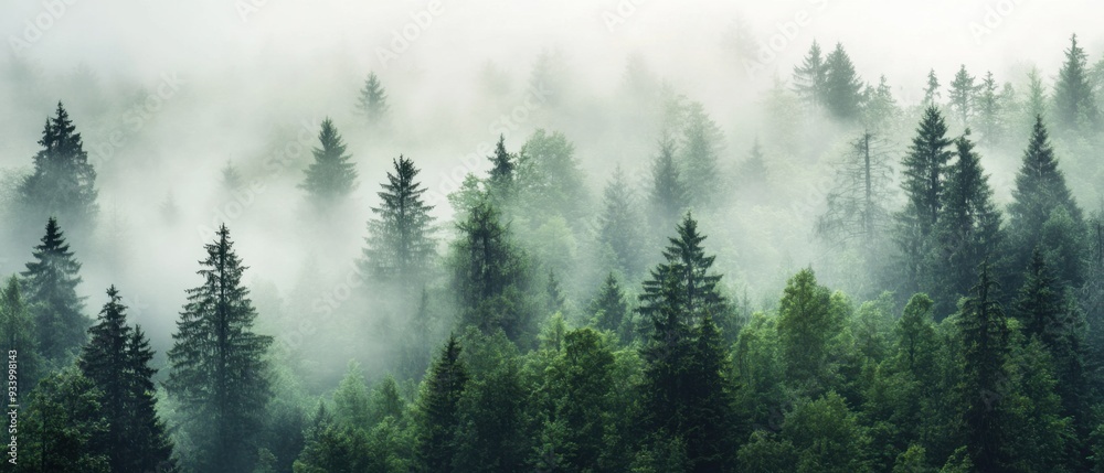 Wall mural A serene view of a dense forest covered by mist, with tall trees and lush green foliage.