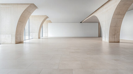 Minimalist empty room with large arches, neutral colors and natural lighting. Architectural concept image for luxury Real Estate.