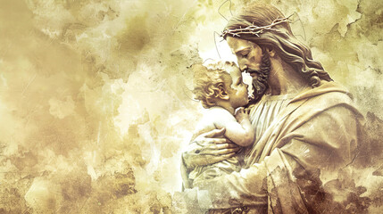Obraz premium Jesus, crowned with a halo, tenderly cradles baby Jesus, surrounded by an ethereal, softly muted background in a vintage watercolor style