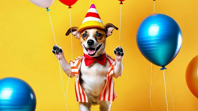 Funny portrait of happy smiling jack russel dog in costume hat on yellow studio background with air balloons, birthday, anniversary or new year puppy