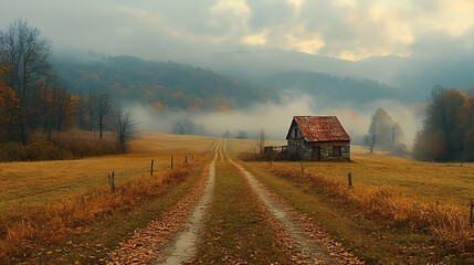 Obraz premium A rustic cabin sits in a misty field, with a long dirt road leading up to it.