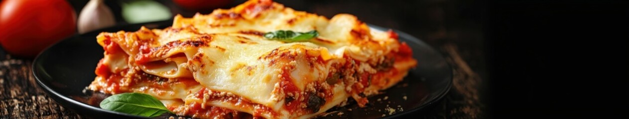 Homemade lasagna served on a black plate with fresh basil garnish