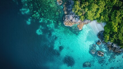 Aerial shot of Thailand's serene coastal waters with varying shades of blue and green, no boats or people.
