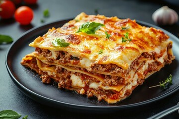 Homemade meat lasagna topped with fresh basil and tomatoes