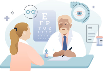 Doctor ophthalmologist with patient flat illustration. Optometrist consultation, vision exam and eyecare service elements. Color infographic with icons isolated.